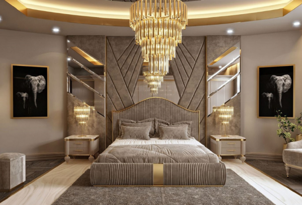 Kamar dengan perabotan kayu mewah dan artistik